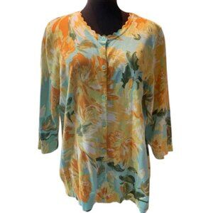 Isaac Mizrahi Watercolor Turquoise / Yellow Floral Printed Cardigan L